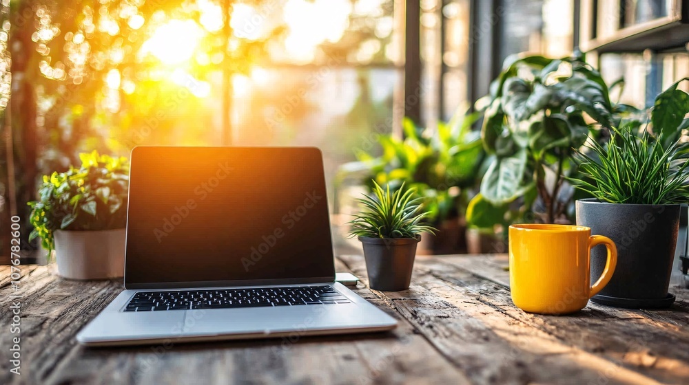 Poster Hands typing on a laptop at a desk with a background of open windows and gentle sunlight, representing a fresh work-from-home environment with side empty space for text Stockphoto style