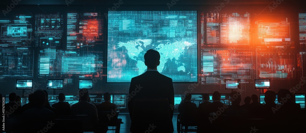 Poster silhouetted man standing in front of a wall of monitors displaying digital data in a dark room.