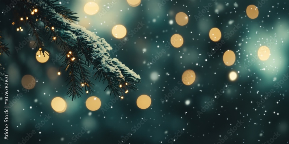 Poster pine tree branches with snow and bokeh lights in the background christmas atmosphere decoration.