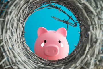 Barbed wire in front of crying pink piggy bank. Personal financial crisis, broken home finance,...