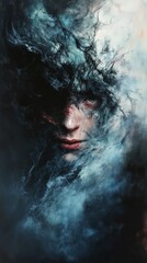 Fototapeta premium A woman's face is painted on a blue background with a stormy sky