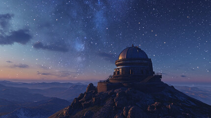 A scenic vista of an ancient observatory built on a mountain, overlooking a starry sky with celestial instruments