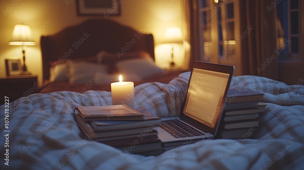 Poster Desk in a cozy home nook with a laptop, stack of books, and decorative items, displaying a personalized and comfortable remote workspace with side empty space for text Stockphoto style