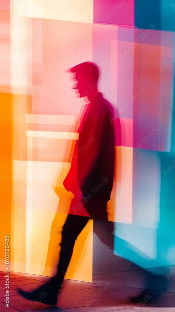 Poster a man is walking in front of a building with a colorful background