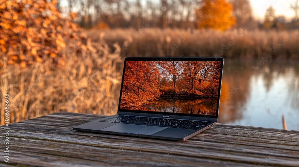 Poster Scenic outdoor view with a laptop on a table by a lake, emphasizing remote work surrounded by nature with side empty space for text Stockphoto style