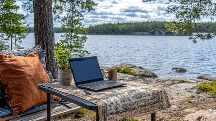 Scenic outdoor view with a laptop on a table by a lake, emphasizing remote work surrounded by nature with side empty space for text Stockphoto style