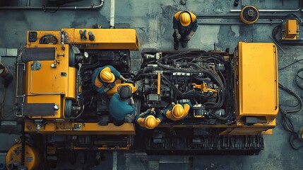 Four Construction Workers Repairing the Engine of a Yellow Machine