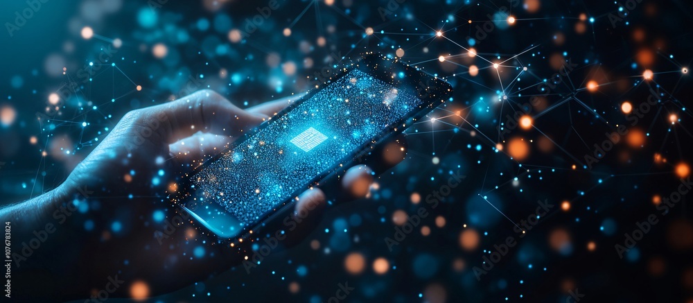 Fototapete A hand holding a smartphone displaying a digital payment app with QR code ready to be scanned symbolizing mobile payments and modern transaction convenience with side empty space for text Stockphoto