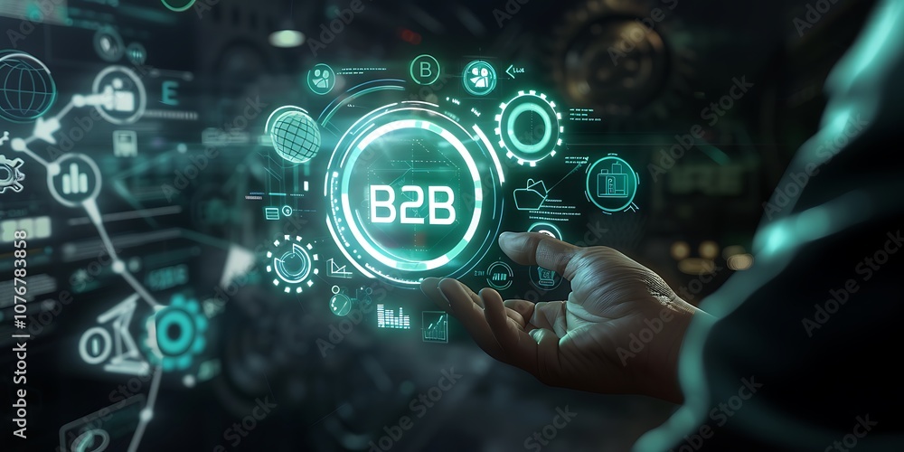 Poster a futuristic interface with digital icons highlights the concept of b2b interactions, showcasing adv