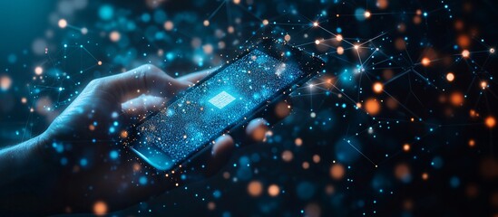 A hand holding a smartphone displaying a digital payment app with QR code ready to be scanned symbolizing mobile payments and modern transaction convenience with side empty space for text Stockphoto