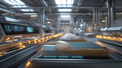Close-up on a futuristic manufacturing assembly line moving items on illuminated conveyor tracks indoors.