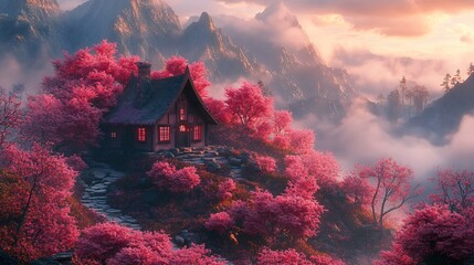A quaint cottage stands at the center of a hill, surrounded by a breathtaking ring of vivid pink trees, enveloped in mist and illuminated by soft sunlight.