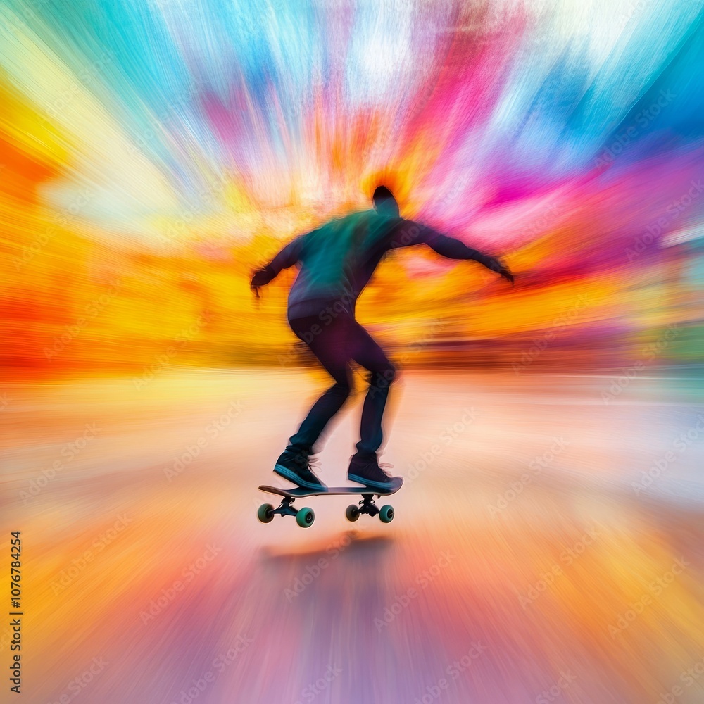 Poster dynamic skateboarder in motion with vibrant colorful background capturing energy and speed