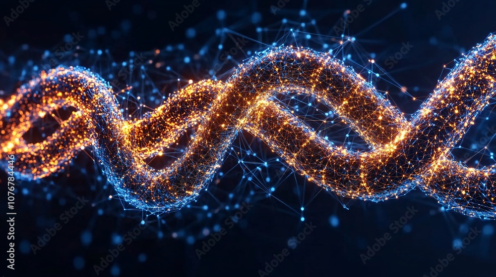 Poster A visual representation of a blockchain network with abstract blocks linked together in a 3D graphic representing decentralized data storage with side empty space for text Stockphoto style