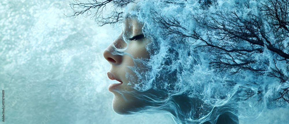 Poster ethereal portrait of a woman with flowing water and trees blending into her hair, symbolizing nature