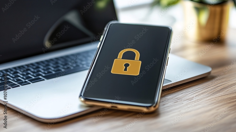 Fototapete An image of a smartphone and laptop with a digital lock icon signifying cyber security in fintech with side empty space for text Stockphoto style