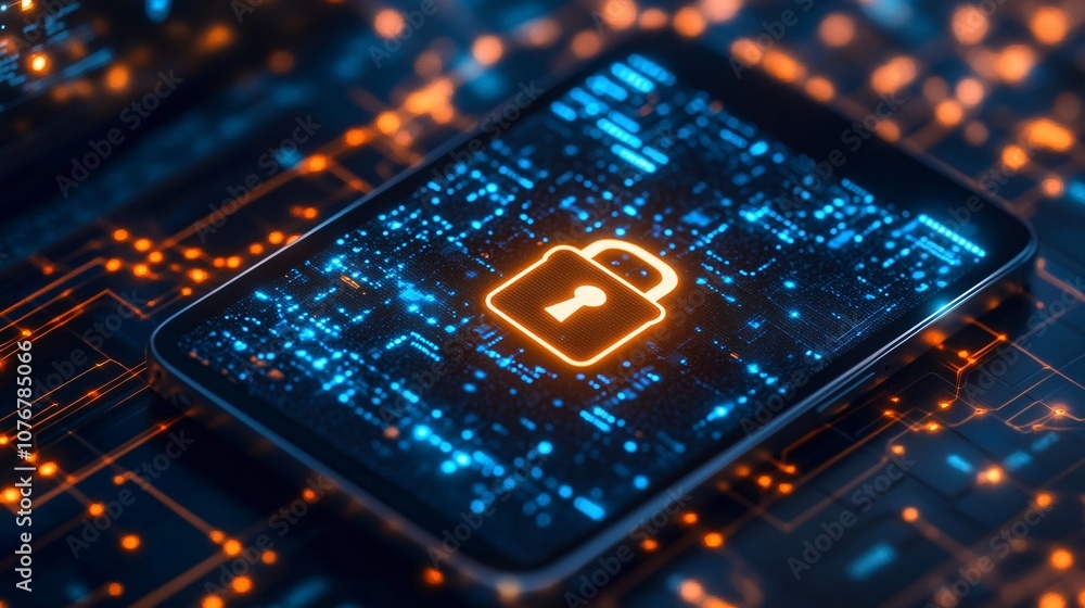 Poster An image of a smartphone and laptop with a digital lock icon signifying cyber security in fintech with side empty space for text Stockphoto style