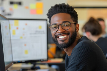 A Black 30 year old man is smiling and sitting at his desk in an office, wearing glasses and a short beard, working on computer mockups for website design. A whiteboard behind him shows graphi