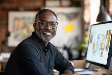 A Black male 50 year old designer, wearing glasses and a short beard, is smiling while sitting at his desk in an open-space office. He is working on computer design projects using a graphic ta