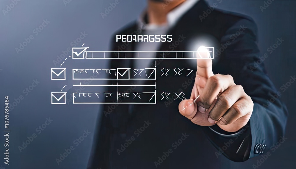 Poster businessman checking progress task tracking and project development concept