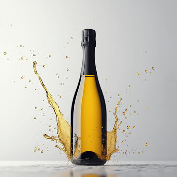mockup Champagne bottle with cork popping and liquid splash on a white background.