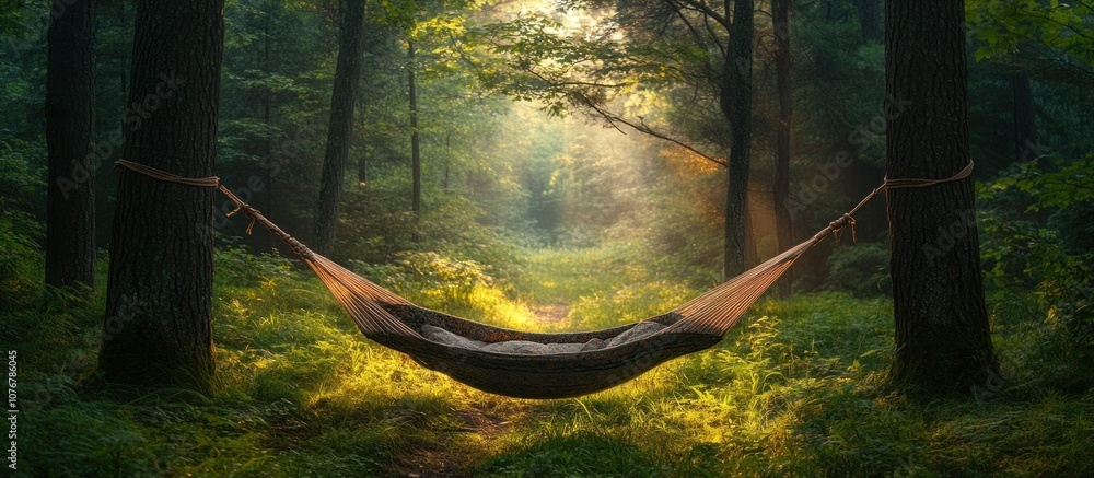 Poster a hammock hangs between two trees in a lush forest. sunlight peeks through the canopy, casting a war