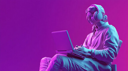 A statue of a spirited game developer with a laptop and game controller, on a vivid purple background
