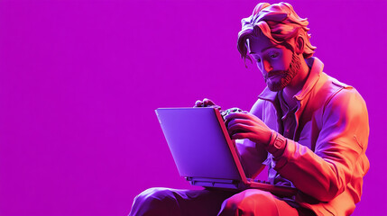 A statue of a spirited game developer with a laptop and game controller, on a vivid purple background