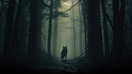 A sleek wolf silhouette walking through a misty forest with tall, dark trees and a hint of fog