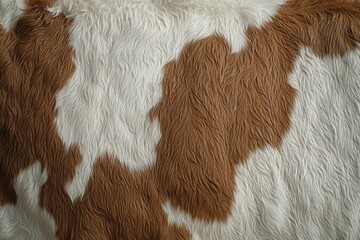 A close-up of a cowhide with a mix of brown and white patterns.