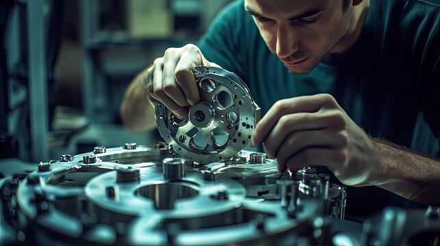 A Man Carefully Assembling a Complex Mechanical Device - Powered by Adobe