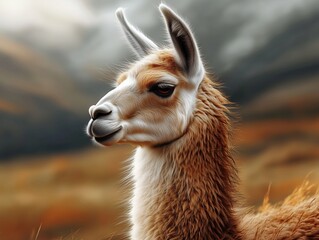 Naklejka premium Llama Wildlife Close Up, Andean Mountain Animal in Nature