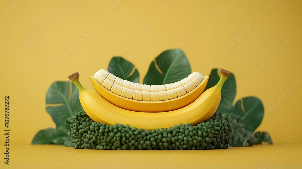 Poster cross-section of banana with embedded vitamin symbols and lush greenery in 3d