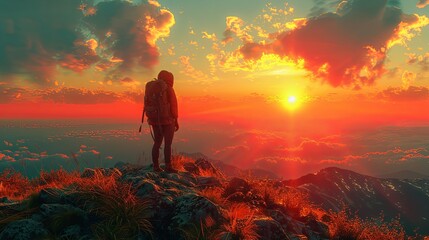 Obraz premium A traveler exploring a scenic mountain landscape, backpack on, looking out over the horizon, adventure and freedom, vibrant natural colors and sunlight