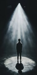 Fototapeta premium A man stands in the rain with a spotlight shining on him