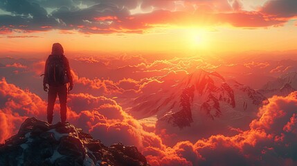 Obraz premium A traveler exploring a scenic mountain landscape, backpack on, looking out over the horizon, adventure and freedom, vibrant natural colors and sunlight