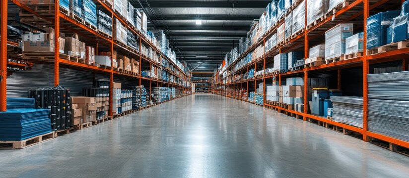 Empty warehouse aisle with shelves full of boxes and merchandise.