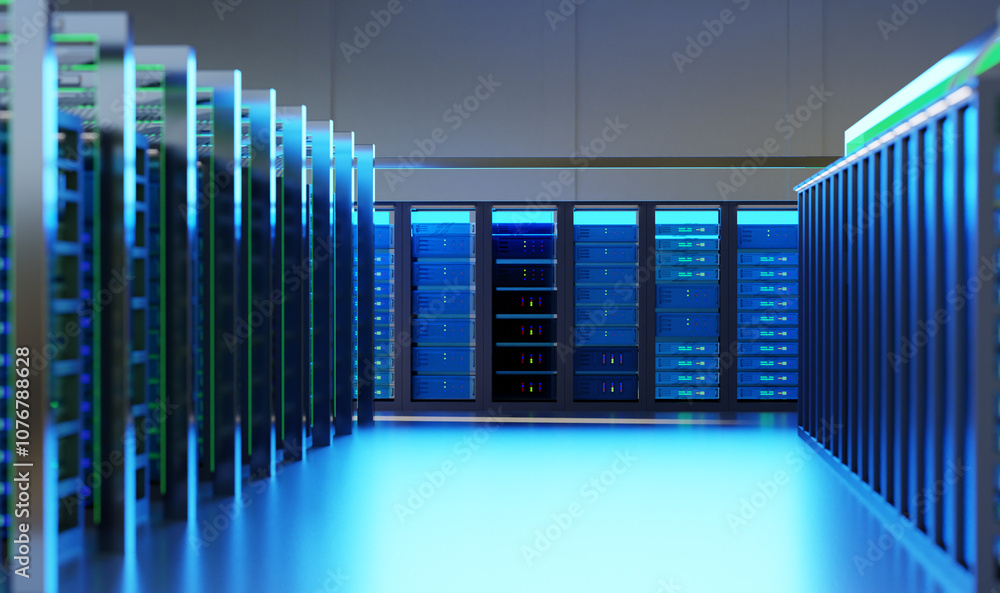 Poster network hardware. telecommunication technologies. server room. modem with fiber optic cables. router