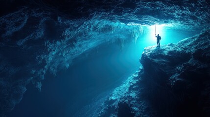 Obraz premium A lone figure explores a luminous cave filled with blue light.
