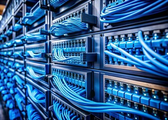 Close-Up of Blue Network Cables in a Server Rack Against a Dark Background, Highlighting Modern Technology and Data Architecture Concepts for Digital Transformation