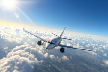 Obraz premium Airplane in Flight: Travel Background with a Plane Flying Through the Blue Sky Above the Clouds, Featuring a Blank Livery
