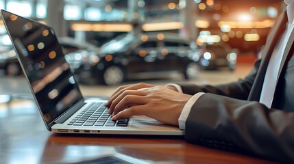 Close up of businessman working on laptop in car showroom