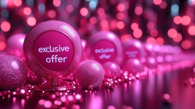 A vibrant display of pink spheres promoting an exclusive offer in a festive setting.