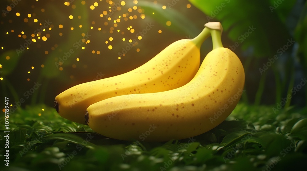 Aufkleber glowing banana halves with visible nutrient particles in lush forest setting