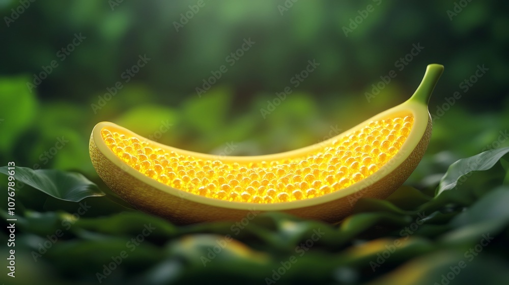 Aufkleber glowing banana halves with visible nutrient particles in lush forest setting