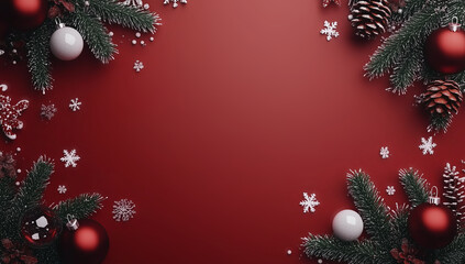 red christmas background with balls and fir branches