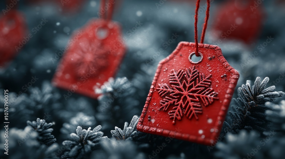 Poster red tags with snowflake designs hanging on frosted pine branches in a winter setting.