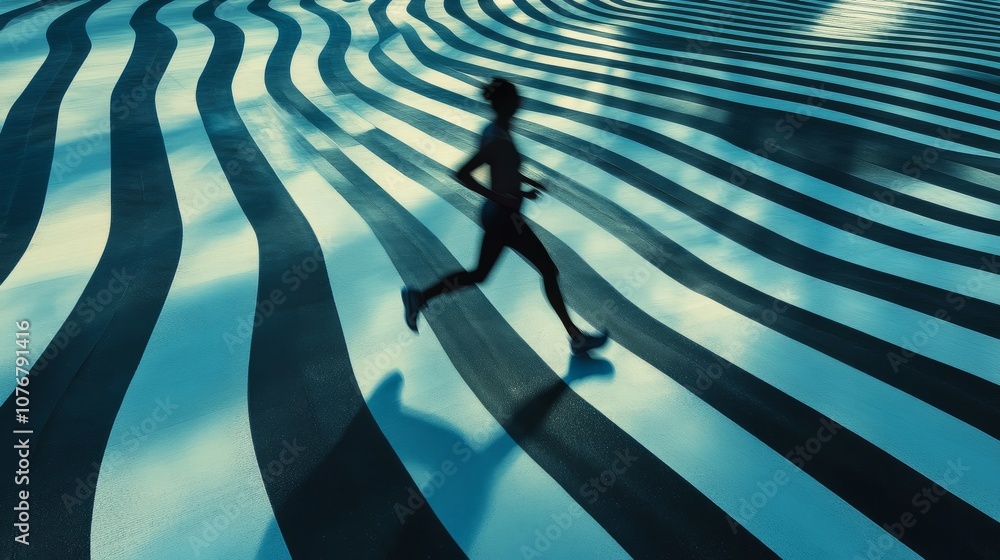 Poster silhouette of a runner on a striped patterned surface creating a dynamic and modern urban scene