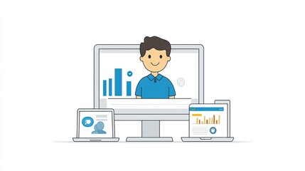 Illustration of a smiling person on a computer with data graphs.