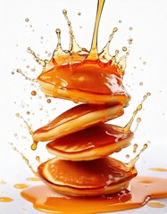 Stack of Pancakes with Maple Syrup Dripping in Mid-Air Splash
